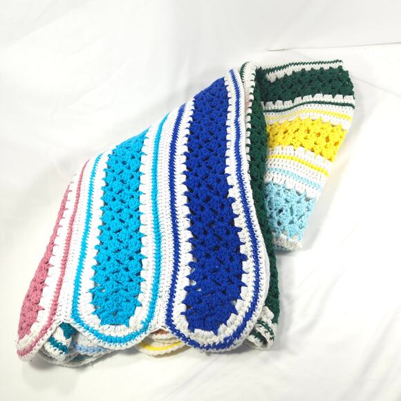 Vintage Handmade Afghan Blanket Crochet Knit Striped 50x66 White Multi - Picture 2 of 6